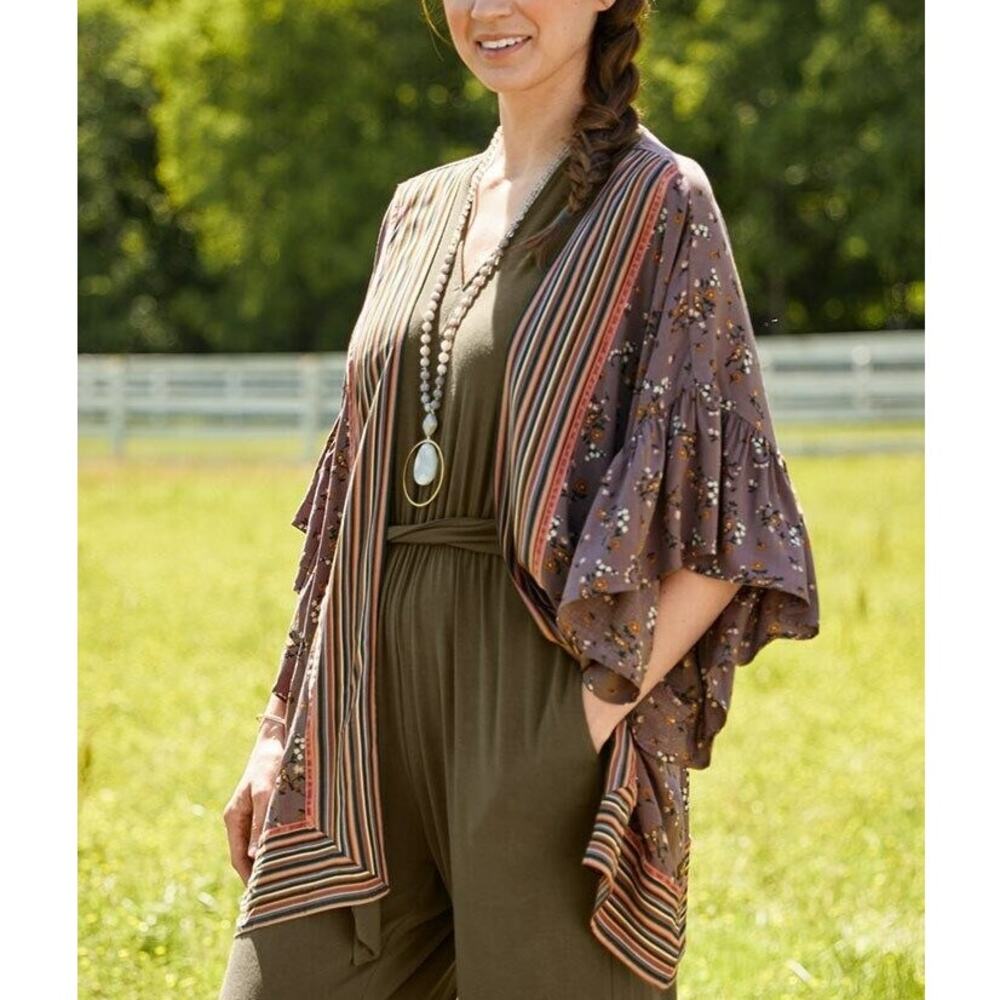 Matilda Jane M/L Along the Way Purple Bird Floral Stripe Print Open Front Kimono